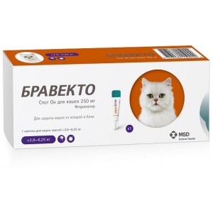 Intervet Бравекто капли спот-он от блох и клещей для кошек 2,8 - 6,25 кг 250 мг