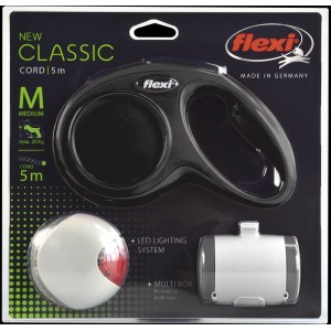 flexi набор (рулетка NEW Classic М (до 20 кг) трос 5 м + LED фонарик + Multi-box) черный