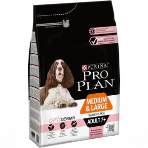 Сухой корм Purina Pro Plan для собак старше 7 лет средних и крупных пород с чувствительной кожей, лосось с рисом, пакет, 3 кг